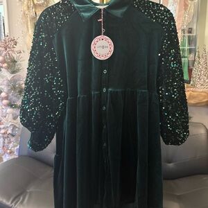 Umgee Emerald Velvet Dress with Sequin Sleeves
